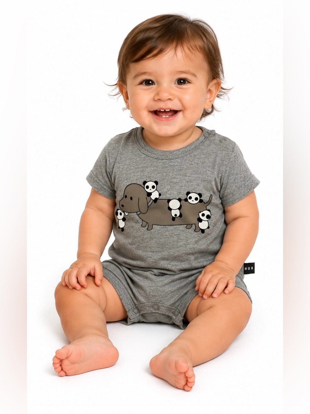 Huxbaby unisex Graphic Dog and Panda Grey Short Sleeve Shortie